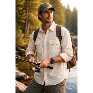 Galyans Mens Vintage Fishing Shirt Long Sleeve Nylon Utility Cream XXL‎ RN89870